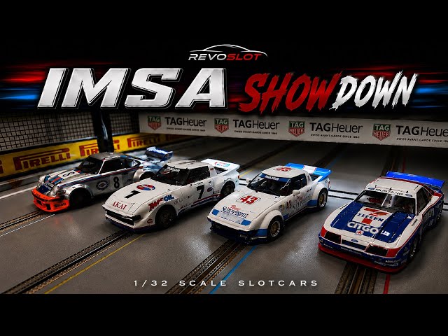 Revoslot battle of the mid size IMSA Class Ford Mustang, Rx7 and Porsche 