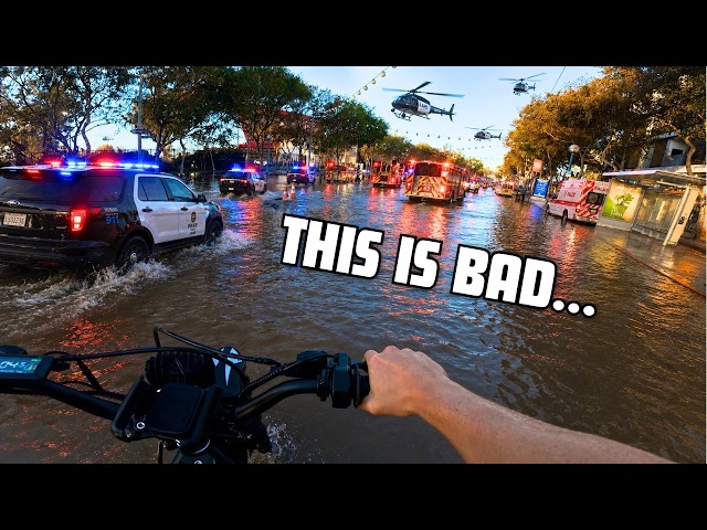 MASSIVE FLOOD IN LOS ANGELES (E-BIKE POV) - West Hollywood Sinkhole & Water Main Break