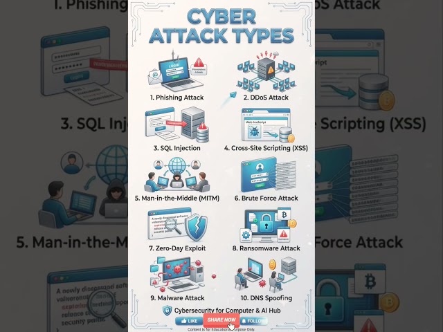 Top 10 Cyber Attacks Explained in 60 Seconds ⚠️ #cybersecurity #tech  #cyberthreats  #shorts