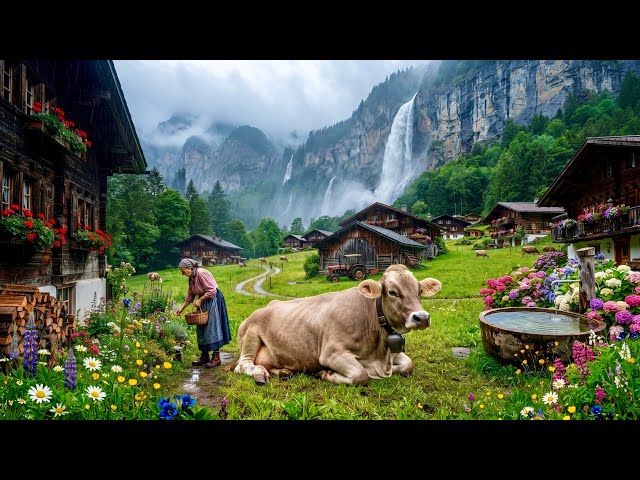 Life in Switzerland's heavenly villages on a rainy day - Relaxing walk in Swiss countryside