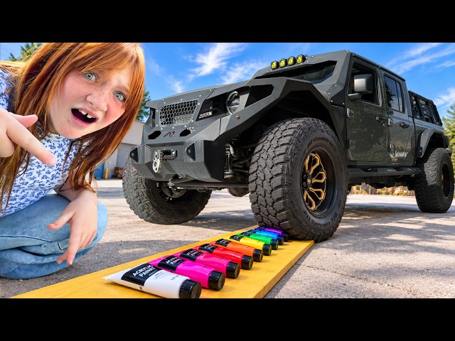 PAiNT SMASH with ADLEY and a MONSTER TRUCK!!  Adley's Squishy Art made by paints, fruits, & merch