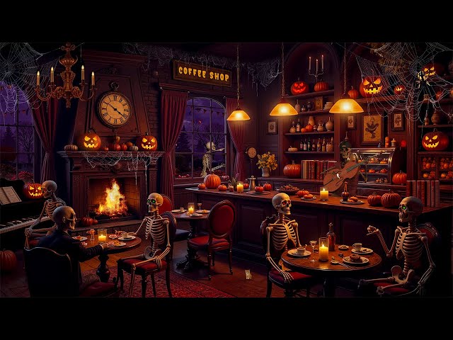 Cozy Halloween Cafe Ambience 🎃☕ Relaxing Halloween Jazz & Crackling Fire, Spooky Sounds for Sleeping