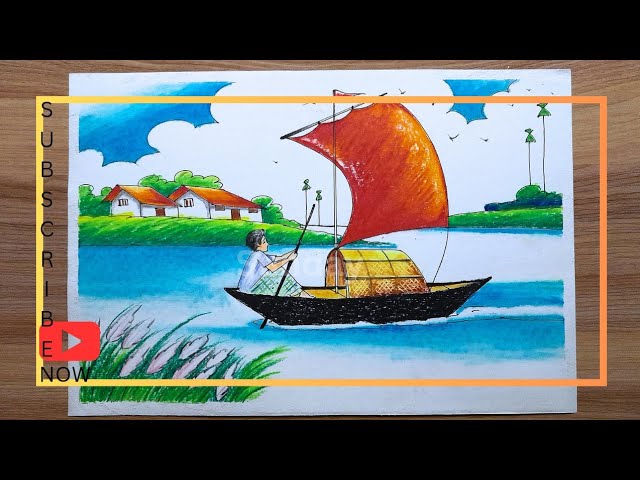 শরৎকালের দৃশ্য ড্রয়িং/river side Autumn village scene drawing with boat/autumn scenery drawing
