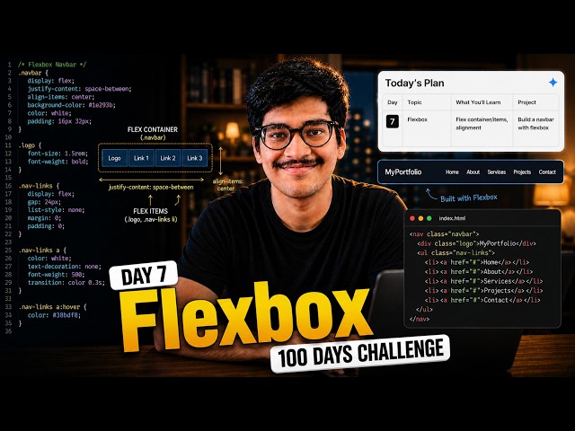Day 7: Learn CSS Flexbox from Scratch | Build a Responsive Navbar | FREE Full Stack Course