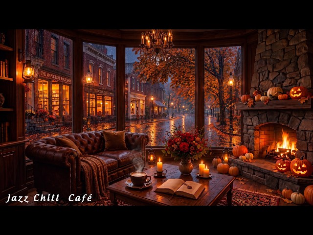 Cozy Autumn Halloween Corner 🎃🍂 Rainy October Sunday Night with Smooth Jazz & Warm Fireplace