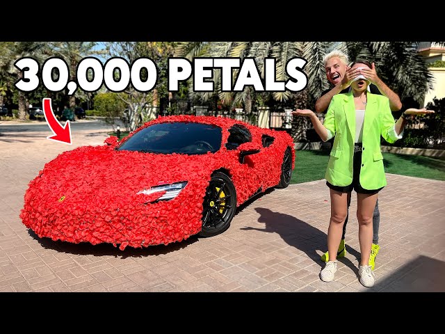 Surprising Girlfriend with Rose Covered Ferrari
