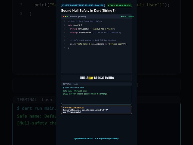 FLUTTER & DART ZERO TO HERO • DAY 2/30 | Sound Null Safety in Dart (String?) 🛡️ #Shorts