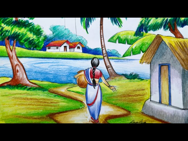 village scene drawing and colour with woman/village girl scenery drawing/গ্রামের দৃশ্য আঁকা ও রং করা