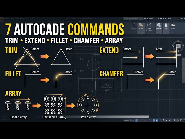 4 Essential AutoCAD Modify Commands: TRIM, FILLET, ARRAY & More | AutoCAD Tutorial #6