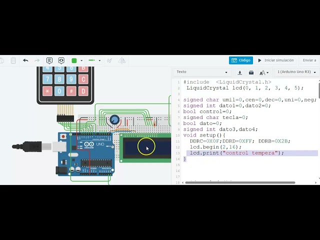 control de temperatura con pantalla lcd y arduino uno simulado en tinkercad