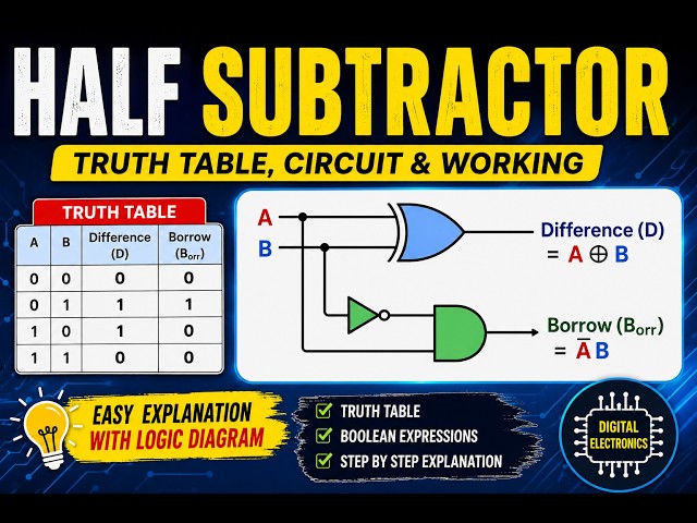 Half Subtractor | Half Subtractor Circuit, Truth Table & Logic Diagram | Digital Electronics