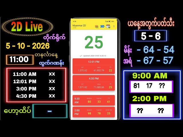 2d Live (5-10-2026) တနင်္လာနေ့ မနက်ခင်း 11:00 #2dlive #2dlivethutamg #2d #2ddaily #ဟော့ထိပ်