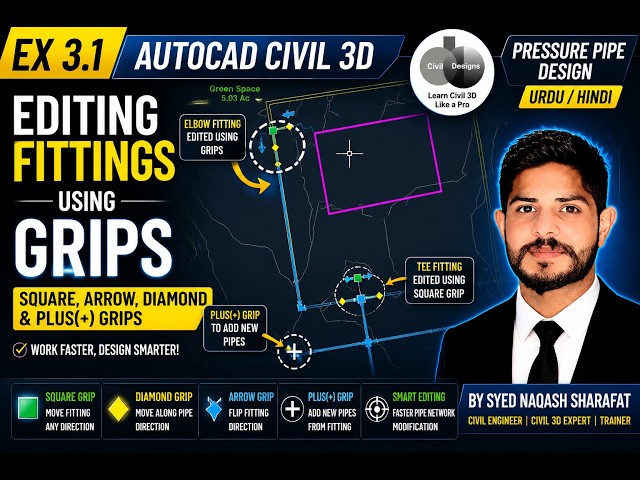AutoCAD Civil 3D Pressure Pipe Design | Editing Pressure Fittings Using Grips | Urdu/Hindi