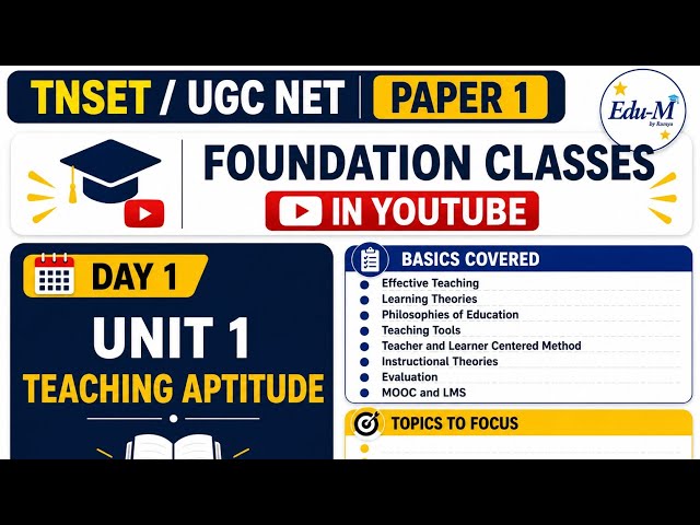 TNSET|UGC NET Paper 1|Dec 2026|Unit 1|Teaching Aptitude |Free Foundation Classes|DAY 1|Basics |Edu-M