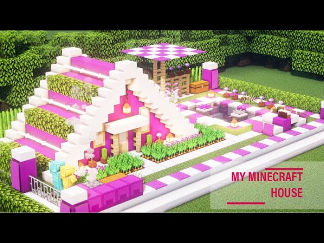 Minecraft tutorial: Building a small purple house with a swimming pool is very easy