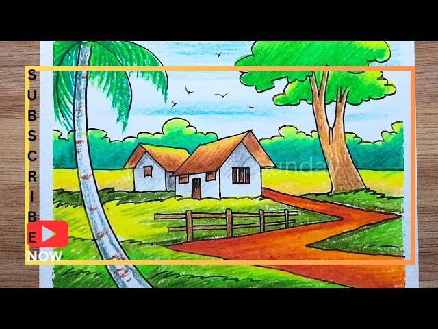 how to draw easy scenery drawing oil pastel/easy landscape village scenery drawing step by step