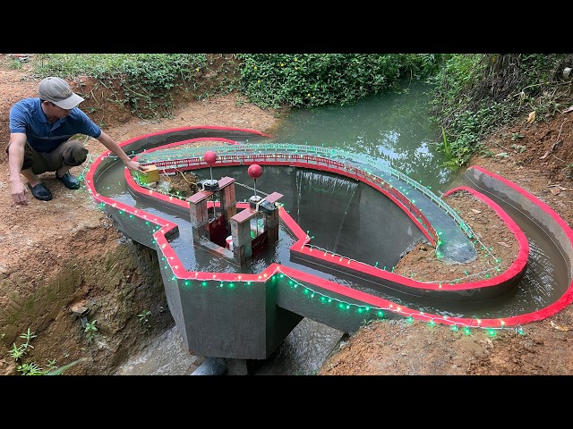 Building a mini curved hydroelectric dam with unique turbines