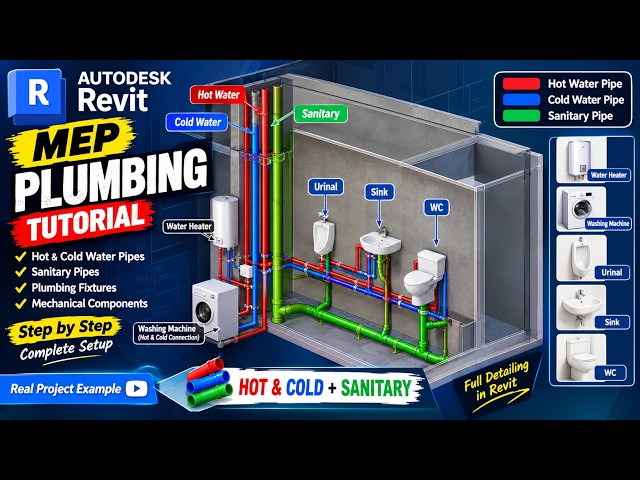 Revit MEP Plumbing Tutorial | Hot & Cold Water Pipe, Sanitary Pipe & Plumbing Fixtures
