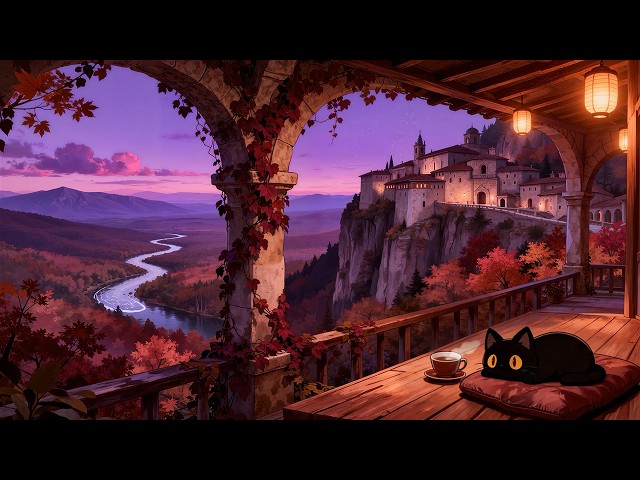 Autumn Castle Escape 🌙 Lofi Cat | Deep Sleep Music [River Valley & Gentle Wind Sounds]