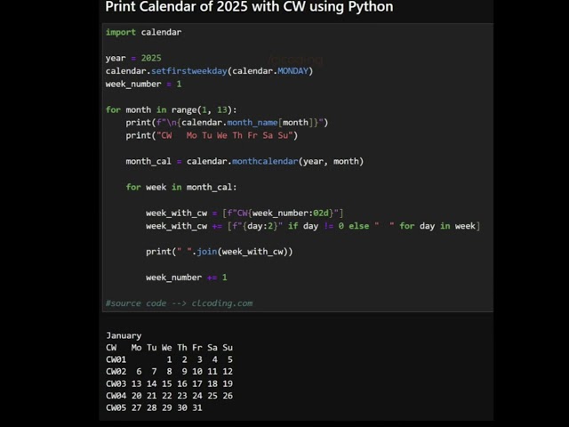 Print Calendar of 2025 with CW using Python #ai #python #datascience