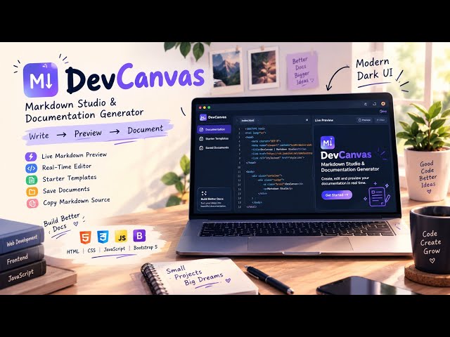 DevCanvas 🚀 | Markdown Studio & Documentation Generator | HTML, CSS & JavaScript Project
