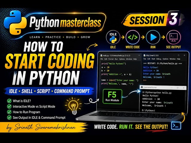 Python Master Class #3 🔥 | Start Coding in Python | IDLE, Shell & Command Prompt