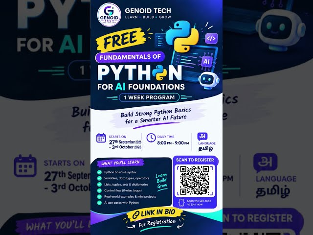 FREE Python Fundamentals for AI 🤖🐍 | 1 Week Tamil Program | Genoid Tech #shorts