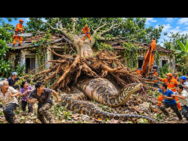 TIMELAPSE: Workers Cut Down a Giant Tree at an Abandoned House — Then a MONSTER PYTHON Emerged!