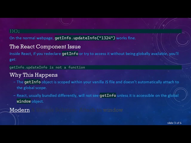 How to Call a Nested Vanilla JS Function from React Using window