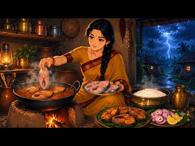 A Peaceful Rainy Day in 1990s Indian Village 🌧️ | Traditional Fish Pulusu & Fish Fry | Ghibli Style 