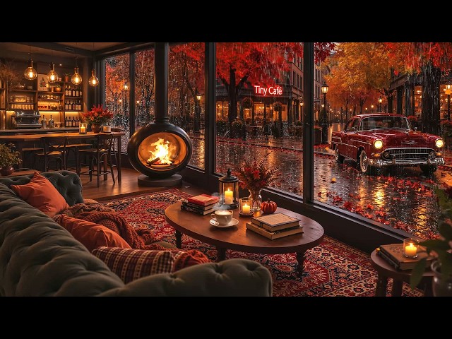 Magical Falling Autumn Leaves on Rain Day🍂Fall Jazz Music, Cozy Coffee Shop & Warm Fire for Relaxing