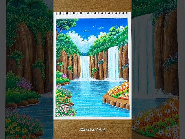 How to draw a beautiful waterfall scene with oil pastels #drawing #oilpastel