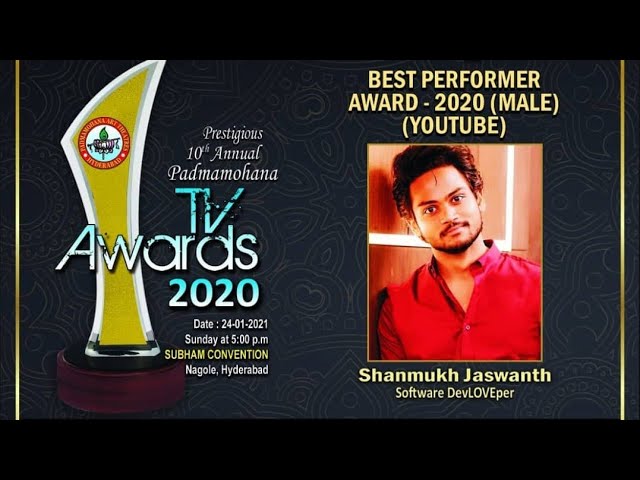 Best Performer Award "SHANNU" Male youtube🥳💐🥰❤️||Shanmukh jaswanth new update
