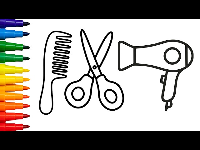 How to Draw Hair Dryer, Comb & Scissors | Easy Coloring for kids & Toddlers