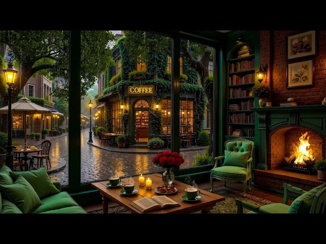 Immersive Rainy Coffee Shop Ambience ☕Soft Instrumental Jazz with Rain & Fireplace Sounds for Relax