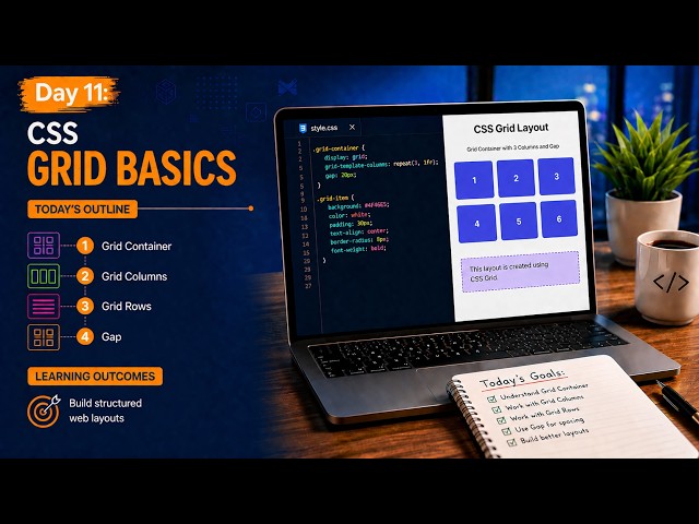 Day 11 | CSS Grid Layout Tutorial | Container, Columns, Rows & Gap | CSS Course 2026