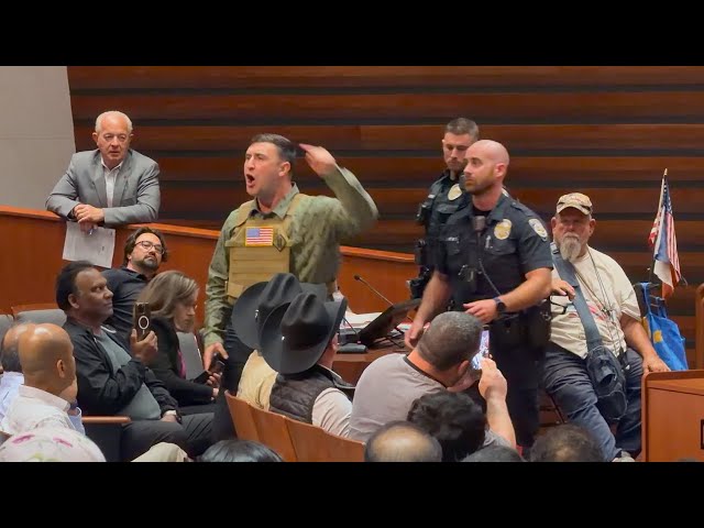 Jake Lang Escorted Out of City Council Meeting in Frisco, Texas