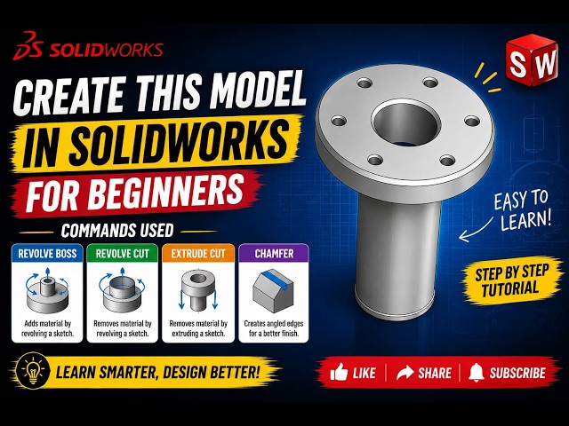 SOLIDWORKS Flange Tutorial | Revolve Boss, Revolve Cut, Extruded Cut & Chamfer