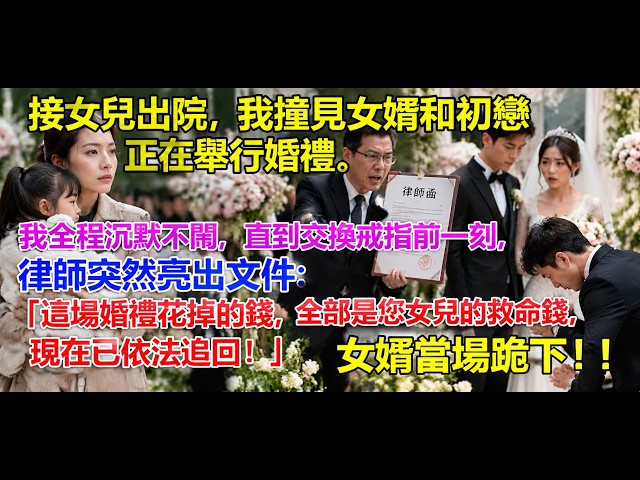 接女兒出院，我撞見女婿和初戀正在舉行婚禮。我全程沉默不鬧，直到交換戒指前一刻，律師突然亮出文件：「這場婚禮花掉的錢，全部是您女兒的救命錢，現在已依法追回！」女婿當場跪下！！