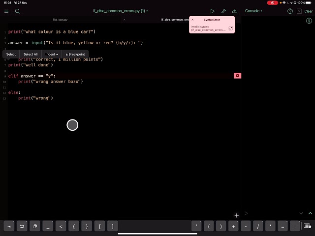 Python Invalid Syntax if / else common errors
