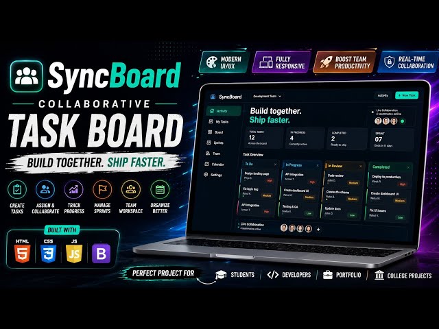 SyncBoard – Collaborative Task Board 📋 | HTML CSS JS Bootstrap Project