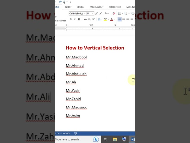 How to vertical Selection in MS Word