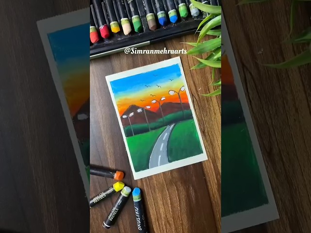 Easy Sunset Road Scenery Drawing with Oil Pastels | Step-by-Step Tutorial