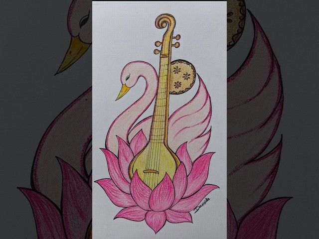 Saraswati Maa 🪷🪕Drawing |Easy Step by Step Veena Lotus drawing#art#saraswati#drawing#flowers#shorts