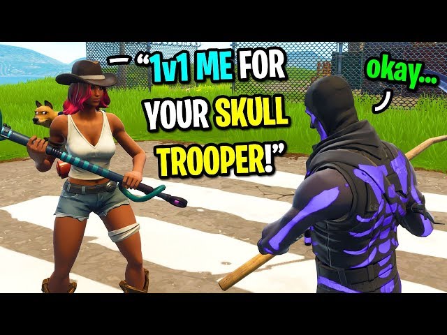 I let this kid 1v1 me for my PURPLE Skull Trooper skin on Fortnite... (EMOTIONAL)