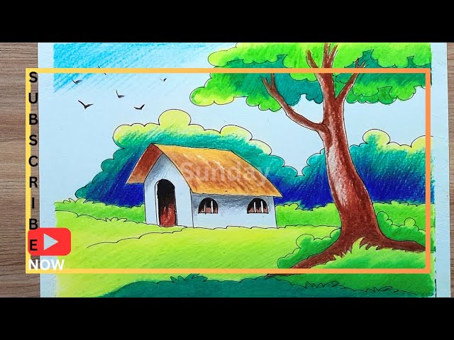 how to draw a village scenery landscape drawing/pastel drawing scenery/গ্রামের দৃশ্য সিনারি ড্রয়িং