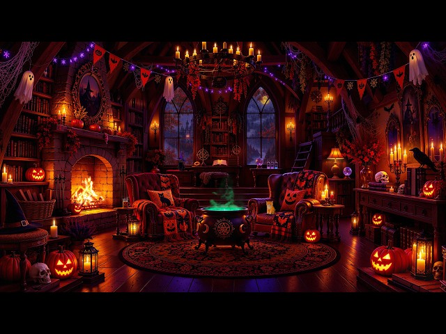 Rainy Night in a Cozy Witch’s Cottage🎃Gentle Halloween Jazz, Fireplace Glow for Magical Fall Moments