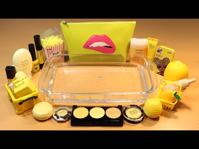 Mixing "Yellow" Makeup,clay,slime,glitter... Into Clear Slime! "yellowslime"