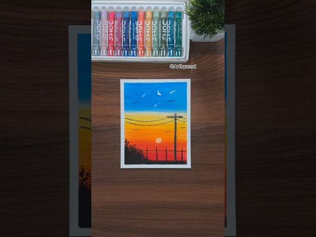 🌅 Beautiful Sunset Scenery Drawing with Oil Pastels 🖍️✨ | Easy Sunset Art