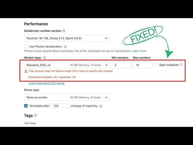 Fix Error "This account may not have enough CPU cores to satisfy this request" On Databricks